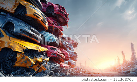 Stacked damaged cars in scrapyard with dramatic sunset sky, showing crushed vehicles in various colors and industrial background Stacked damaged cars in scrapyard with dramatic sunset sky, showing crushed vehicles in various colors and industrial background 131368703