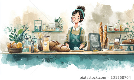 Young woman bakery apron bread baguette cozy atmosphere watercolor style illustration Young woman bakery apron bread baguette cozy atmosphere watercolor style illustration 131368704