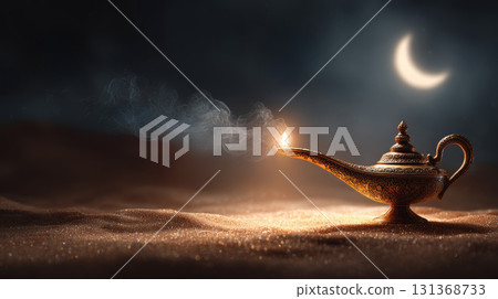 Magical lamp with smoke on sand under crescent moonlight, mystical night scene with glowing antique object and dark sky 131368733