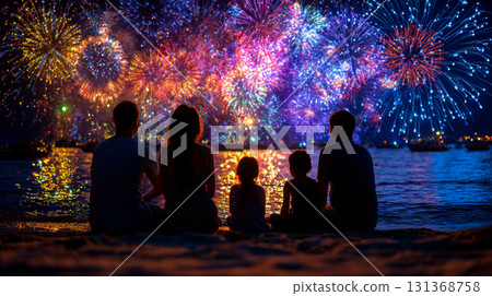 Family watching colorful fireworks over water at night, creating joyful and festive atmosphere on beach 131368758