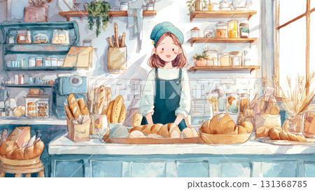 Young woman smiling behind bakery counter with various bread and pastries in cozy shop with sunlight 131368785