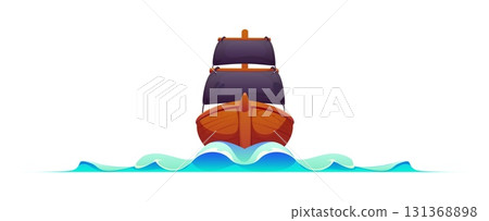 Marine and nautical divider features front view of a wooden pirate ship sailing through waves. Isolated cartoon vector corsair border frame, piracy decoration for sea adventure or maritime layouts Marine and nautical divider features front view of a wooden pirate ship sailing through waves. Isolated cartoon vector corsair border frame, piracy decoration for sea adventure or maritime layouts 131368898