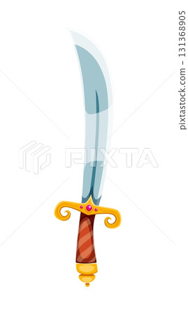 Cartoon scimitar pirate sabre with a curved silver blade, ornate golden guard, red gemstones and a wooden grip. Isolated vector whimsical fantasy knife, corsair saber, dagger or cutlass for battle 131368905