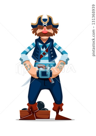 Cartoon pirate and ship crew character with striped shirt, tattoos, and stern expression stands confidently near cannonballs. Vector Caribbean corsair dressed in traditional attire with hat and pistol 131368939