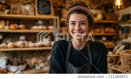 Smiling young woman wearing apron and headband standing in bakery with shelves of bread and warm lighting creating cozy atmosphere 131368951