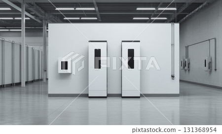 Modern industrial interior with white wall and electrical panels, clean polished concrete floor reflecting light, spacious and minimalistic design 131368954