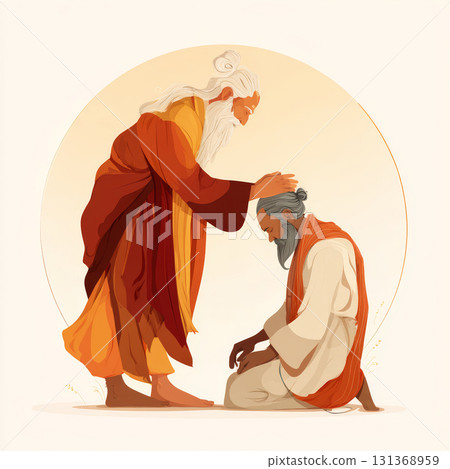 Elderly man with white beard blessing kneeling man with gray hair in traditional robes, symbolizing respect and spiritual guidance 131368959