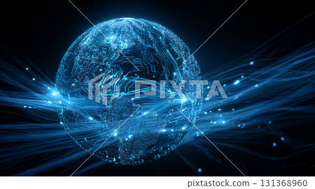Digital globe with glowing blue circuit lines and data streams representing global technology and connectivity in futuristic style 131368960