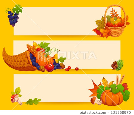 Autumn vector banners with harvest of pumpkins, cornucopia, fruits and mushroom, orange and yellow fall leaves. Seasonal template for Thanksgiving Day autumn holiday with cartoon fruit and vegetables Autumn vector banners with harvest of pumpkins, cornucopia, fruits and mushroom, orange and yellow fall leaves. Seasonal template for Thanksgiving Day autumn holiday with cartoon fruit and vegetables 131368970