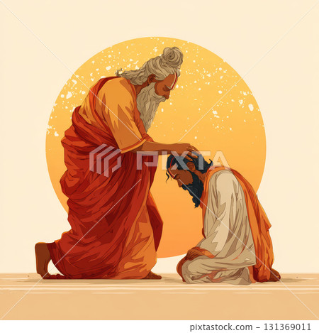 Spiritual blessing scene with elder placing hand on kneeling man head, warm tones and peaceful atmosphere 131369011