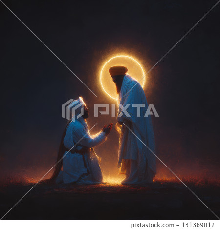 Two men in traditional attire with glowing halo light in dark setting, evoking spiritual and reverent emotion 131369012