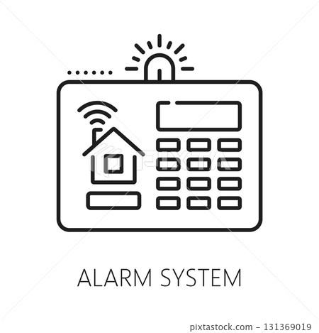 Alarm system home security device line icon or pictogram. House security electronics lineart vector icon, protection technology symbol. Safety equipment sign with home alarm system control panel 131369019