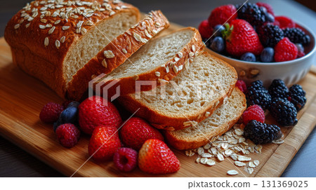 Oat bread slices with fresh strawberries, raspberries, blackberries, and blueberries wooden cutting board creating colorful and healthy breakfast 131369025