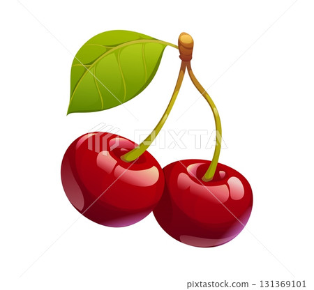 Cartoon ripe berry, fresh cherries on a green stem with glossy red skin and leaf. Vector juicy summer fruit with smooth texture. Sweet organic cherries pair, healthy food, , natural product harvest Cartoon ripe berry, fresh cherries on a green stem with glossy red skin and leaf. Vector juicy summer fruit with smooth texture. Sweet organic cherries pair, healthy food, , natural product harvest 131369101