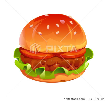 Cartoon fast food burger with sesame seed bun, crisp lettuce and thick juicy beef patty perfectly layered with fresh tomato slices. Isolated vector delicious American beefburger takeaway cafe meal 131369104