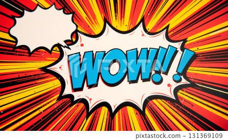 Wow comic text with radial burst background in red and yellow colors expressing excitement and surprise in pop art style 131369109