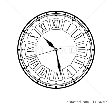 Vintage clock face, vector retro watch dials sign. Ornate watchface with black clock hands, roman numerals and antique ornament. Elegant classic hour time symbol, isolated monochrome steampunk clock Vintage clock face, vector retro watch dials sign. Ornate watchface with black clock hands, roman numerals and antique ornament. Elegant classic hour time symbol, isolated monochrome steampunk clock 131369139