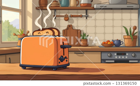 Toaster with steaming toast on wooden kitchen counter with cozy background and warm light 131369150