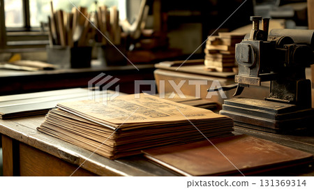 Closeup printing papers with vintage letterpress handmade printing method in studio. Traditional craftsmanship and handwork concept. 131369314