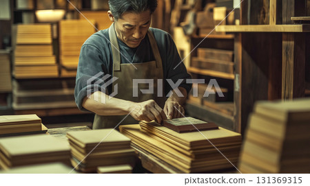 A Japanese man is focusing on a collection of vintage woodworking. carpentry, craftsmanship and handwork concept A Japanese man is focusing on a collection of vintage woodworking. carpentry, craftsmanship and handwork concept 131369315
