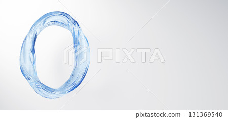 Circular light blue liquid on white background. Number 0. Twisting water. Copy space. 3D (landscape). 131369540