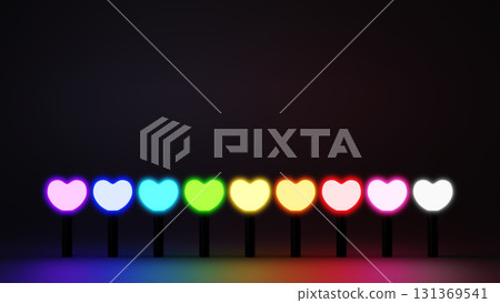 Colorful heart-shaped penlights on a black background. Copy space. 3D (horizontal) 131369541