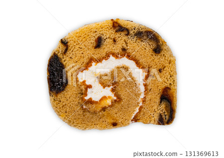 Side view of sliced prunes cake roll or plum cake roll isolated on white background. 131369613