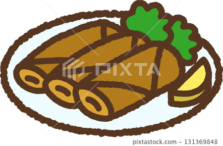 手繪單圖示插圖：食物、春捲 131369848