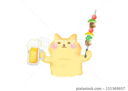 燒烤/水彩畫一隻可愛的貓用啤酒和燒烤串敬酒 131369937