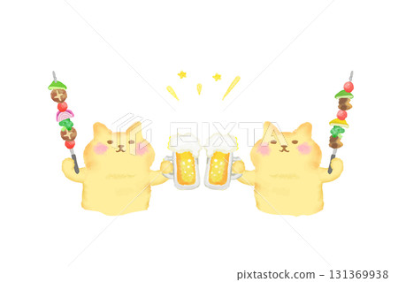 燒烤/水彩畫一隻可愛的貓用啤酒和燒烤串敬酒 燒烤/水彩畫一隻可愛的貓用啤酒和燒烤串敬酒 131369938