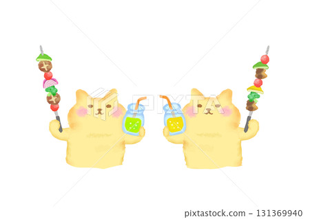 燒烤/水彩畫一隻可愛的貓用飲料和燒烤串敬酒 131369940