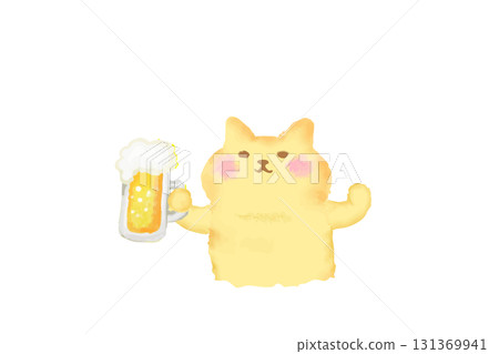 Watercolor illustration of a cute cat toasting with beer Watercolor illustration of a cute cat toasting with beer 131369941