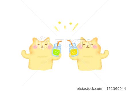 Watercolor illustration of a cute cat toasting with a drink Watercolor illustration of a cute cat toasting with a drink 131369944