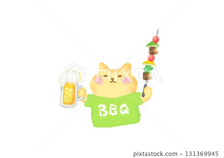 BBQ / Watercolor illustration of a cute cat toasting with beer and barbecue skewers BBQ / Watercolor illustration of a cute cat toasting with beer and barbecue skewers 131369945