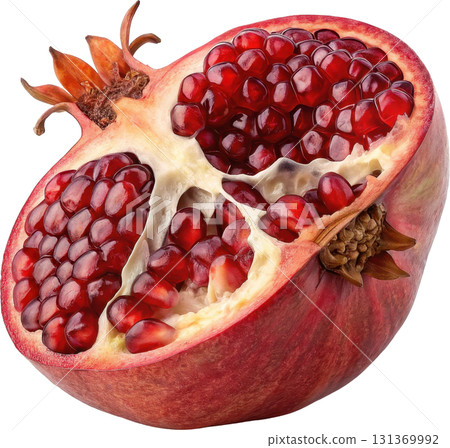 A half cut ripe pomegranate revealing its vibrant red arils and seeds A half cut ripe pomegranate revealing its vibrant red arils and seeds 131369992