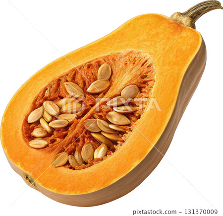 Butternut squash cut in half revealing its orange flesh and seeds 131370009