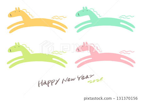 可愛又流行的新年插圖，描繪了四匹奔跑的彩色駿馬。 2026 書法 手寫字體 131370156