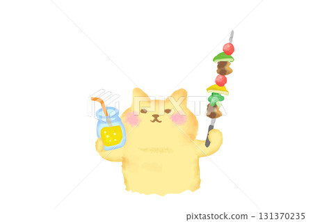 BBQ / Watercolor illustration of a cute cat toasting with a drink and a barbecue skewer 131370235