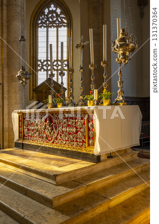 Ornate church altar displaying religious artifacts in Pienza Ornate church altar displaying religious artifacts in Pienza 131370364