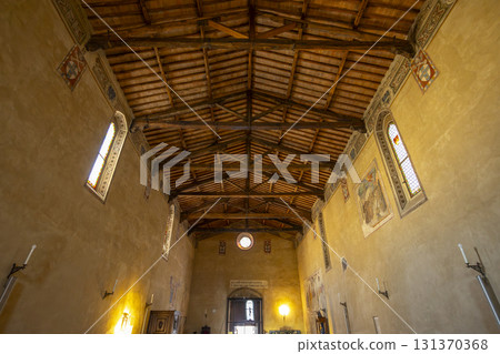 Old church interior showing historic wooden ceiling Old church interior showing historic wooden ceiling 131370368