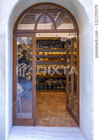 Italian cheese shop displaying local products in Pienza Italian cheese shop displaying local products in Pienza 131370370