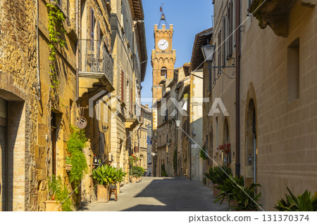 Pienza street scene historical town bell tower Tuscany Pienza street scene historical town bell tower Tuscany 131370374