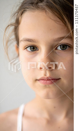 Young girl with light eyes gazing directly into camera 131370487