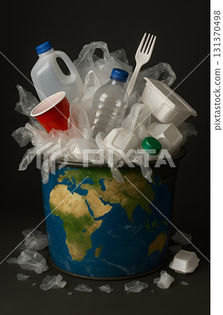 Overflowing trash bin with plastic waste and planet Earth 131370498