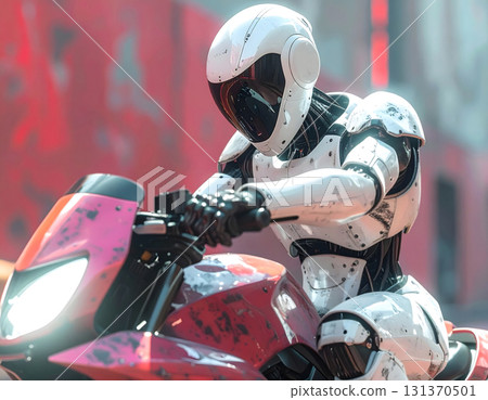 Robot biker speeding on futuristic red motorcycle in city Robot biker speeding on futuristic red motorcycle in city 131370501