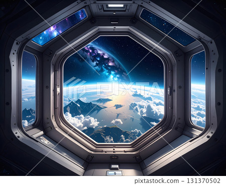 Earth glowing brightly through porthole of orbiting spaceship Earth glowing brightly through porthole of orbiting spaceship 131370502