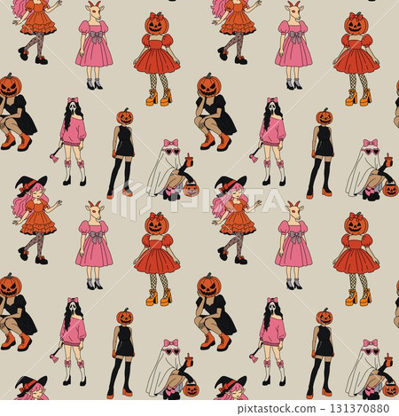 Seamless Pattern of Girls in Halloween Costumes 131370880