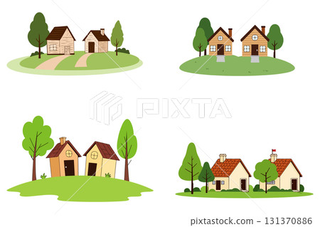 Cartoon Houses on Green Hills Cartoon Houses on Green Hills 131370886