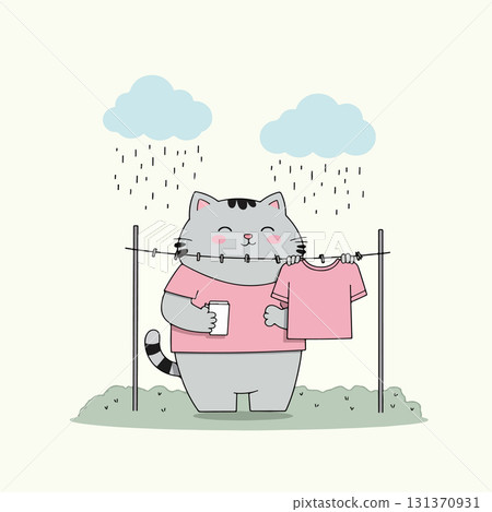 Cat Doing Laundry in the Rain 131370931