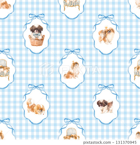 Cute Dog Seamless Print design, Shih Tzu Illustrations with Bows and Frames 131370945